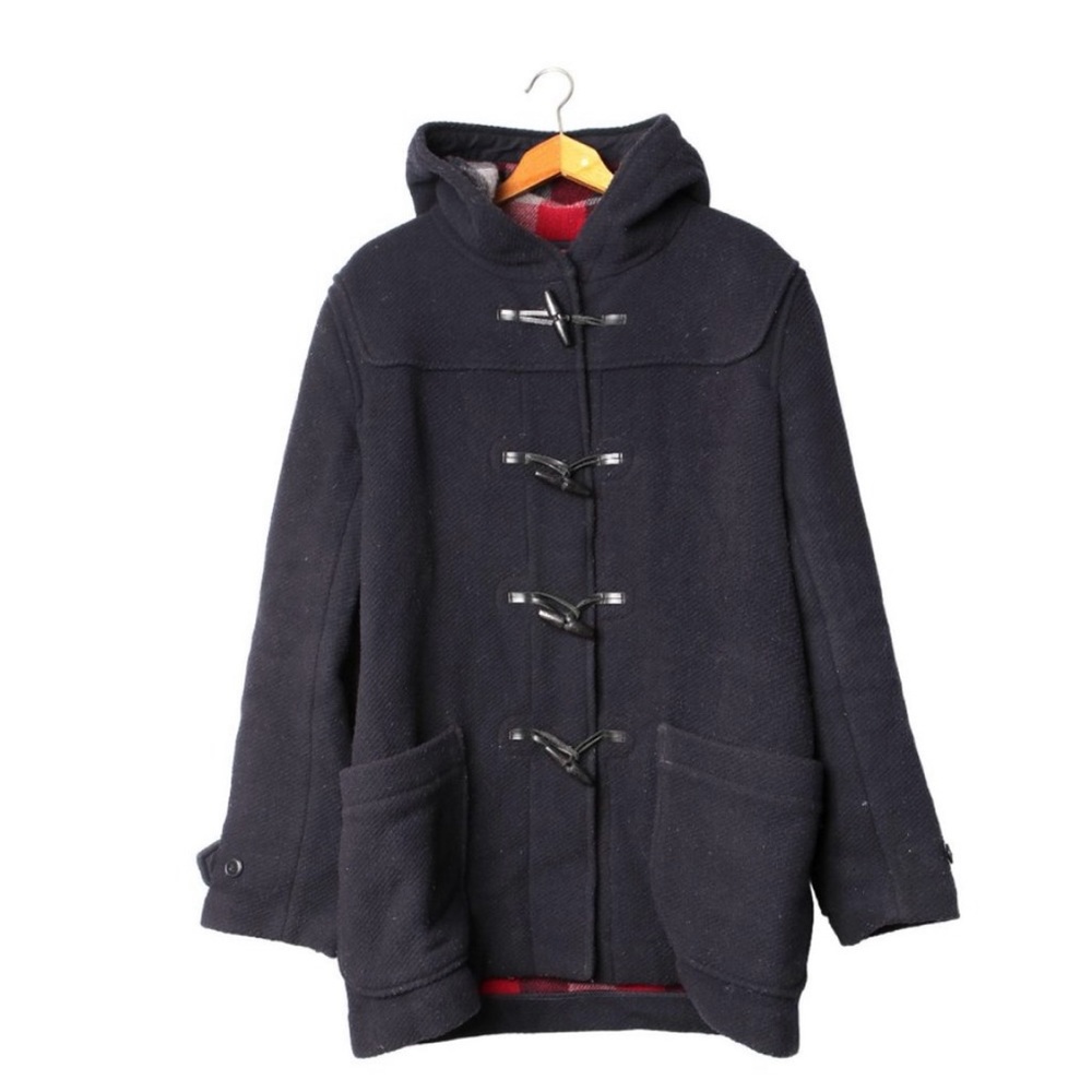 GAP Wool Blend Duffle Winter Coat Wood Toggle Buttons Hooded Plaid Jacket Navy